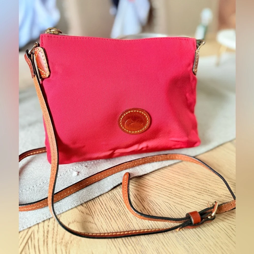 Dooney & Bourke Red Nylon Crossbody Pouchette Shoulder Bag Brown Leather Strap